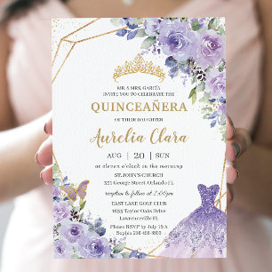 Convite Quinceañera Purple Floral Princess Gown Tiara Inv