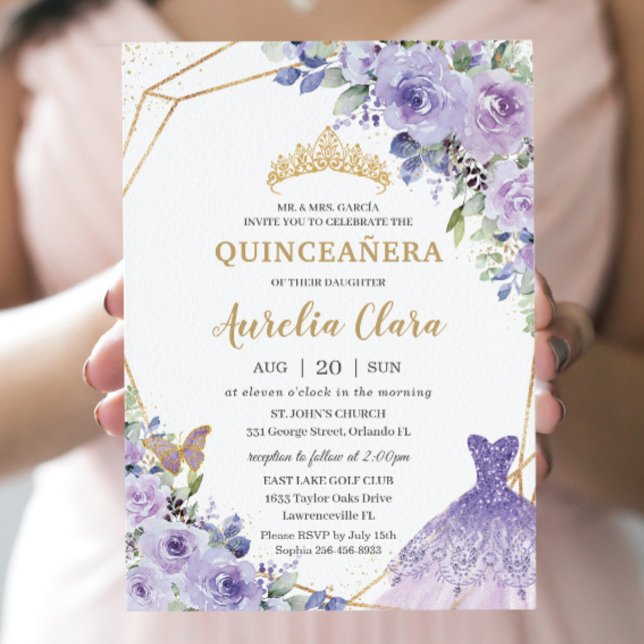 Convite Quinceañera Purple Floral Princess Gown Tiara Invi (Criador carregado)