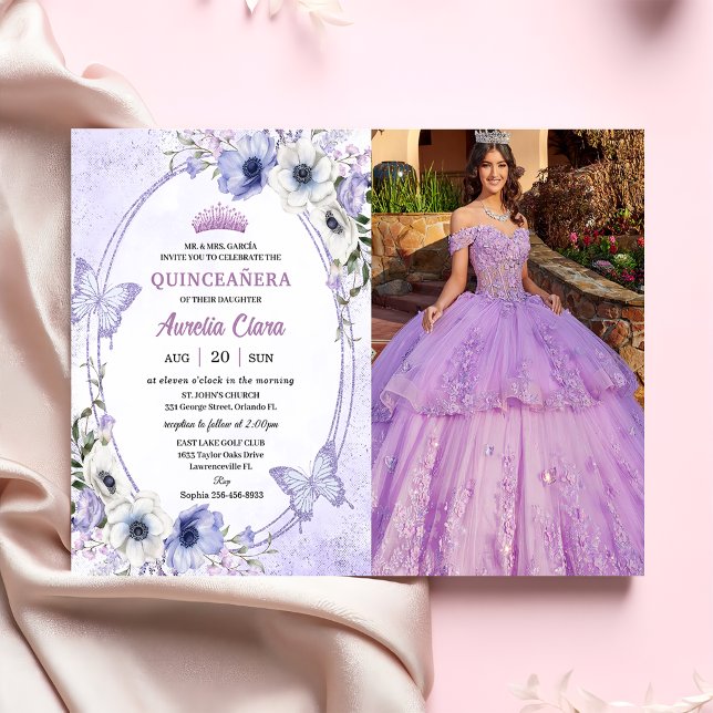 Convite Quinceañera Purple Floral Tiara Butterflies Foto (Criador carregado)