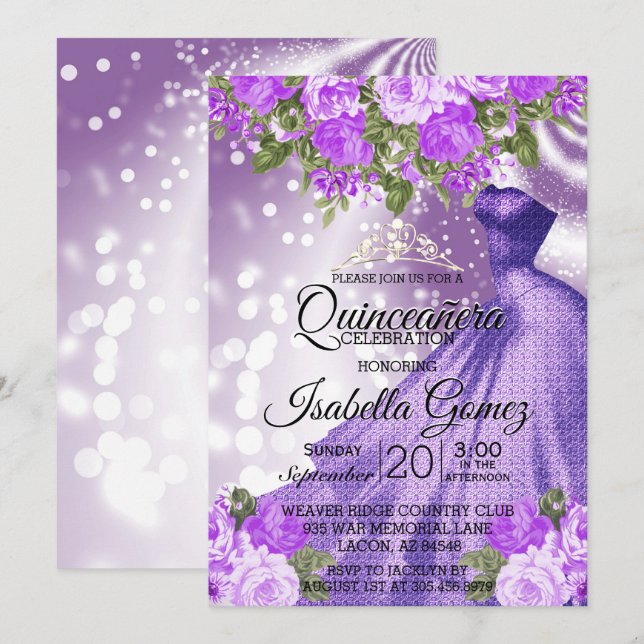 Convite Quinceañera Purple Gown e Flores (Frente/Verso)
