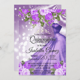 Convite Quinceañera Purple Gown e Flores