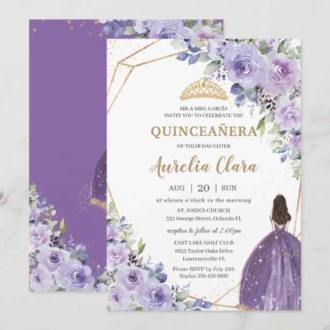 Convite Quinceañera Purple Lavanda Floral Dourada (Frente/Verso)