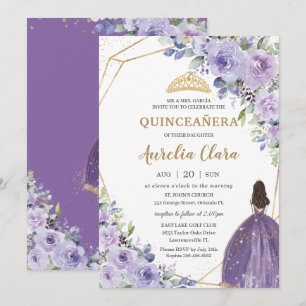 Convite Quinceañera Purple Lavanda Floral Dourada Princes