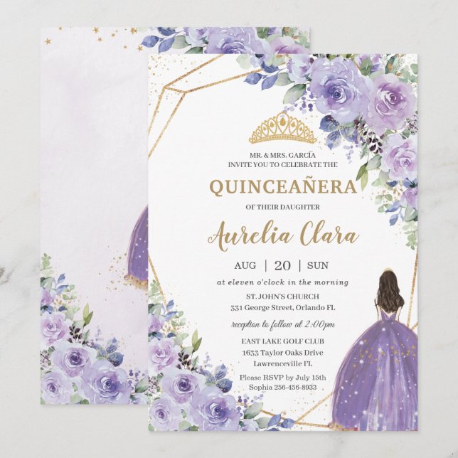 Convite Quinceañera Purple Lavanda Floral Dourada Princesa (Frente/Verso)