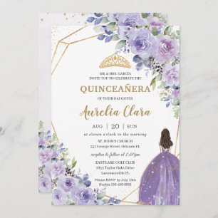 Convite Quinceañera Purple Lavanda Floral Dourada Princesa