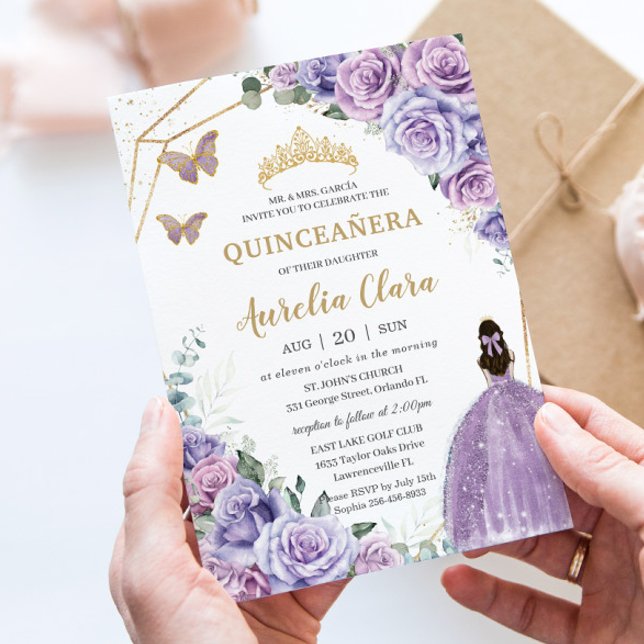 Convite Quinceañera Purple Lavanda Lilac Floral Princesa (Criador carregado)