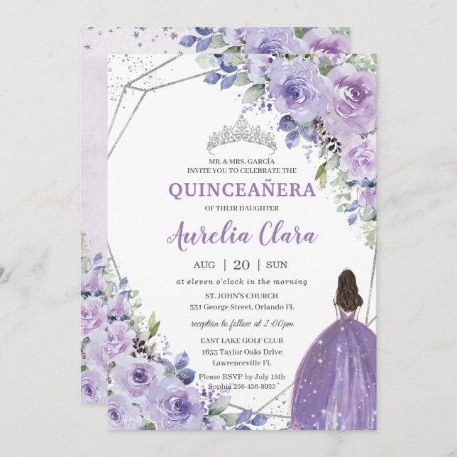 Convite Quinceañera Purple Lavanda Prata Floral Princesa (Frente/Verso)