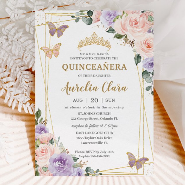 Convite Quinceañera Purple Lilac Blush Borboletas Florais (Criador carregado)