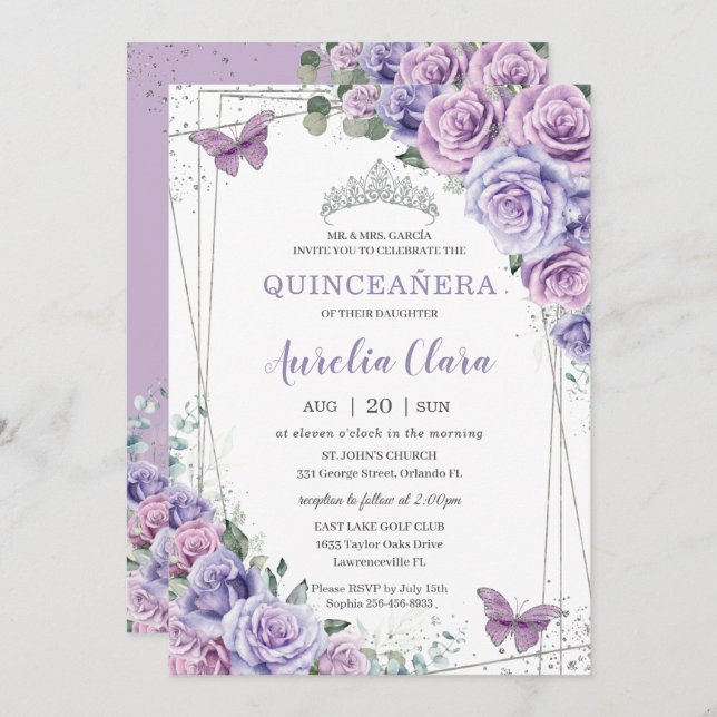 Convite Quinceañera Purple Lilac Borboletas Florais Silver (Frente/Verso)