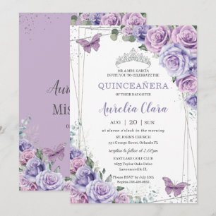 Convite Quinceañera Purple Lilac Borboletas Florais Silver