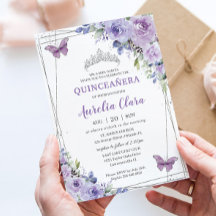 Quinceañera Purple Lilac Borboletas Florais Silver