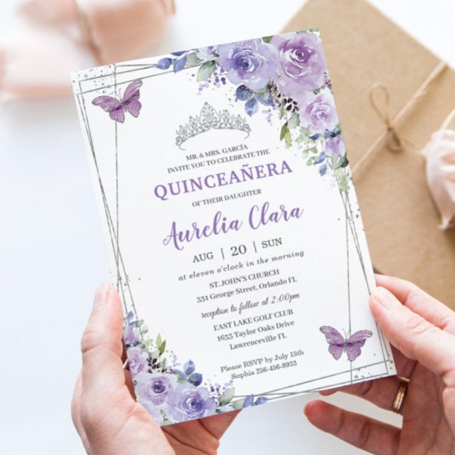 Convite Quinceañera Purple Lilac Borboletas Florais Silver (Criador carregado)