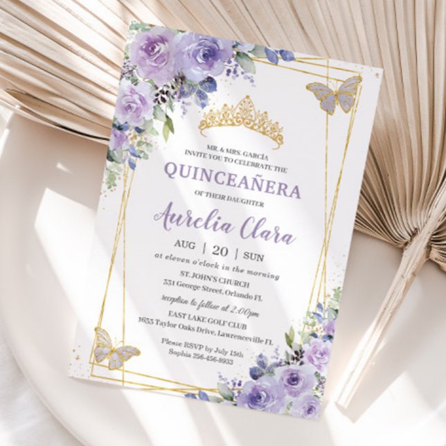 Convite Quinceañera Purple Lilac Borboletas Florais Tiara (purple-lilac-lavender-floral-butterflies-silver-quinceanera-birthday-sweet-sixteen-invitation-cards)