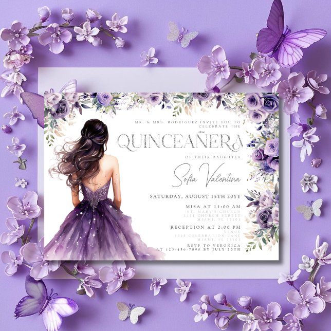 Convite Quinceañera Purple Lilac Floral (Quinceañera Purple Lilac Floral Silver Gown Invitation)
