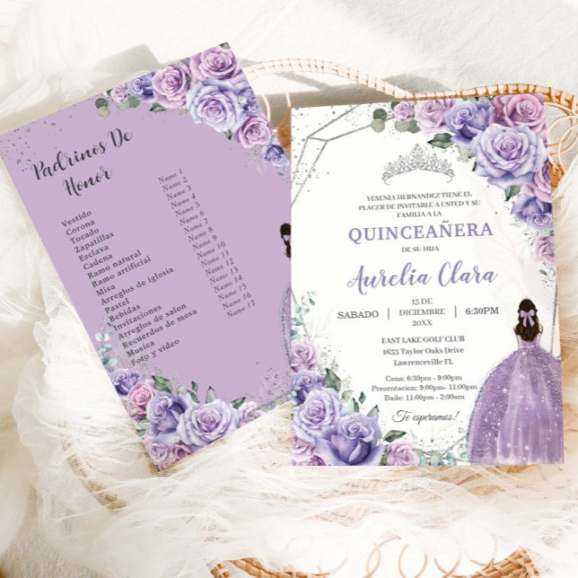 Convite Quinceañera Purple Lilac Floral 15 Años Padrinos  (Criador carregado)