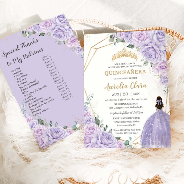 Convite Quinceanera Purple Lilac Floral Padrinos List (Criador carregado)