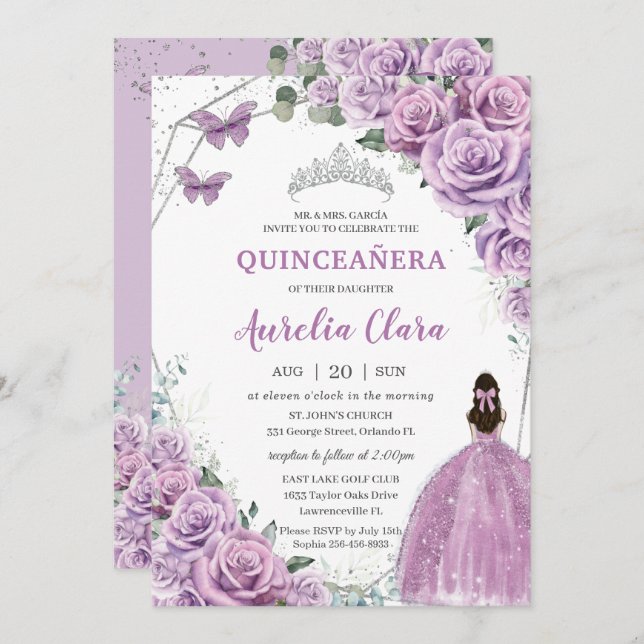 Convite Quinceañera Purple Lilac Floral Princesa Aniversár (Frente/Verso)