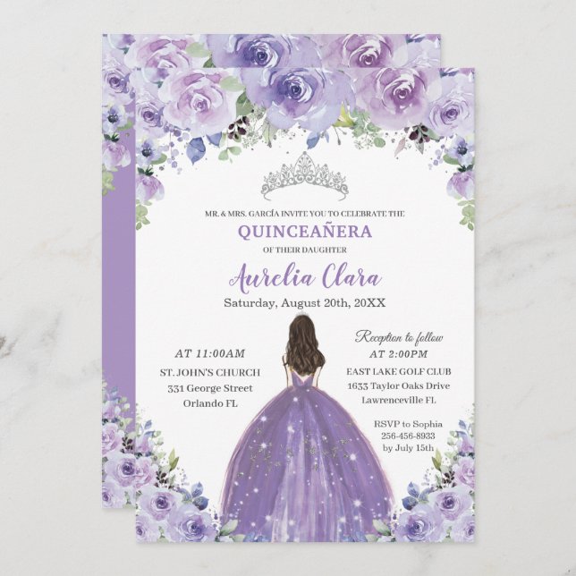 Convite Quinceañera Purple Lilac Floral Princesa Aniversár (Frente/Verso)