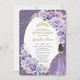 Convite Quinceañera Purple Lilac Floral Princesa Dourada