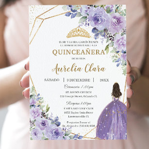 Convite Quinceañera Purple Lilac Floral Princesa Espanhola