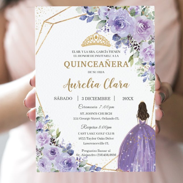 Convite Quinceañera Purple Lilac Floral Princesa Espanhola (Criador carregado)