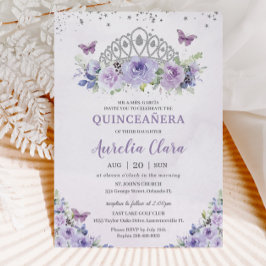 Convite Quinceañera Purple Lilac Floral Tiara Borboletas
