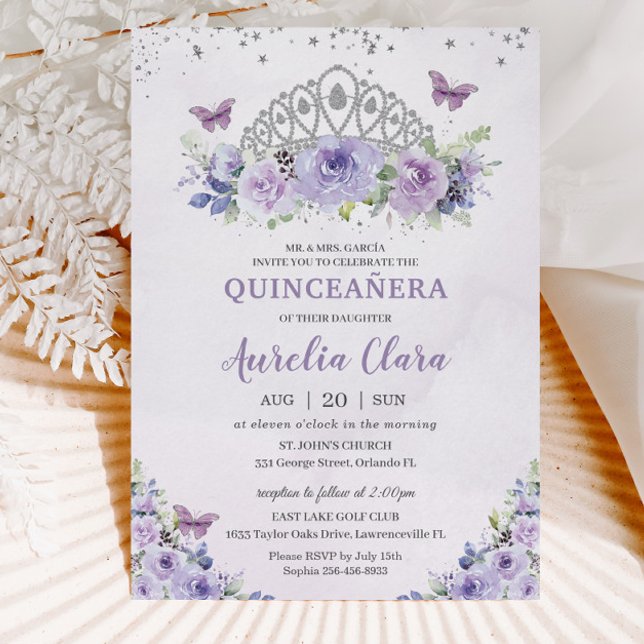 Convite Quinceañera Purple Lilac Floral Tiara Borboletas (purple-lilac-lavender-floral-silver-crown-quinceanera-sweet-sixteen-birthday-invitation-cards)