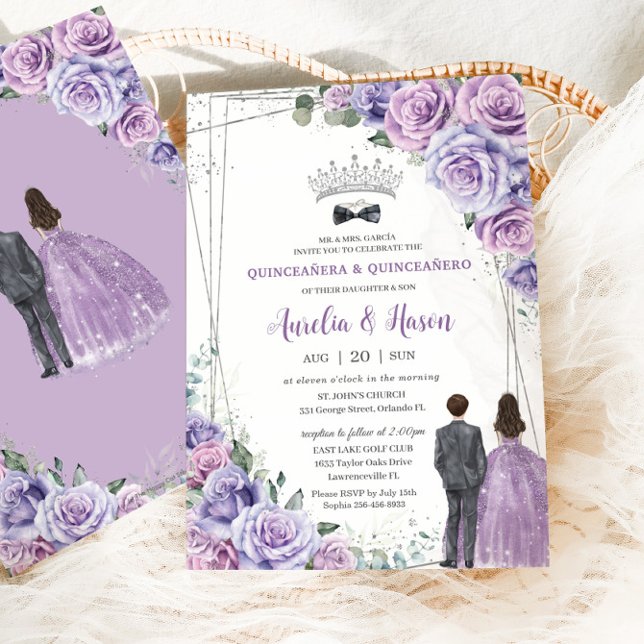 Convite Quinceañera Purple Lilac Gêmeas Florais Garota (Criador carregado)