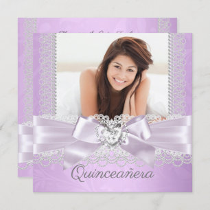 Convite Quinceanera Purple Lilac Lace Damask Diamond Heart