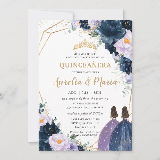 Convite Quinceañera Purple Lilac Marinho Azul Gêmeas Flora (Frente)