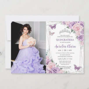 Convite Quinceañera Purple Lilac Pink Borboletas Florais