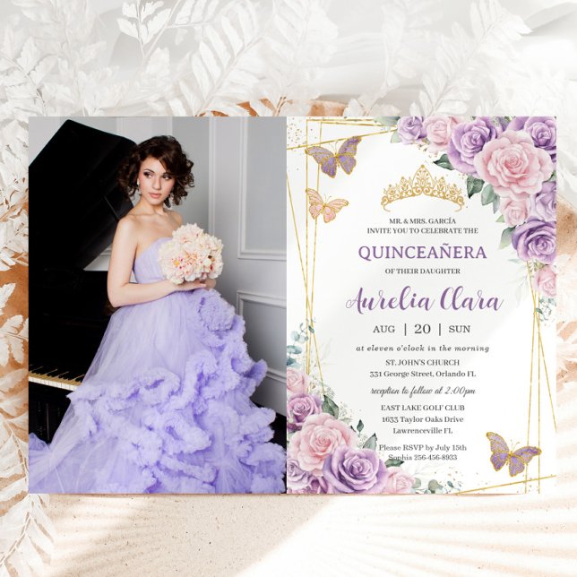Convite Quinceañera Purple Lilac Pink Borboletas Florais (Criador carregado)