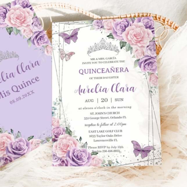 Convite Quinceañera Purple Lilac Pink Borboletas Florais (Criador carregado)