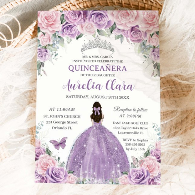 Convite Quinceañera Purple Lilac Rosa Pálido Princesa Flor (Criador carregado)
