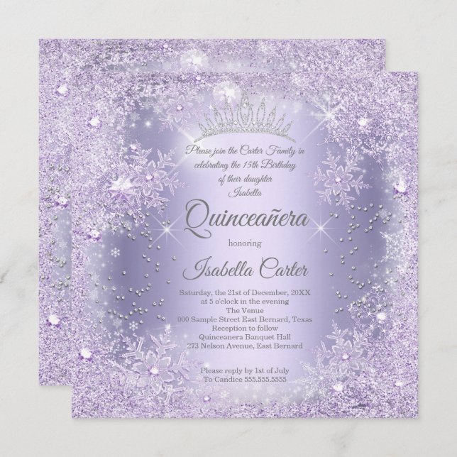 Convite Quinceanera Purple Lilac Snowflake Festa de invern (Frente/Verso)