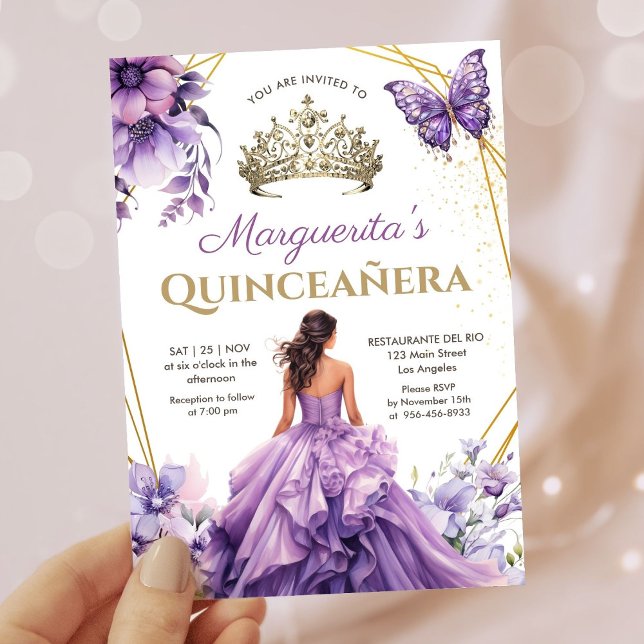 Convite Quinceañera Purple Lilac Tiara Borboleta Floral (Criador carregado)