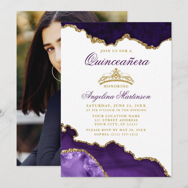 Convite Quinceanera Purple Marble Foto Dourada Coroa (Frente/Verso)