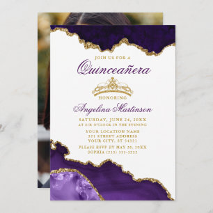 Convite Quinceanera Purple Marble Foto Dourada Coroa
