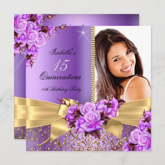 Convite Quinceanera Purple Photo Dourado 15 Birthday (Frente/Verso)