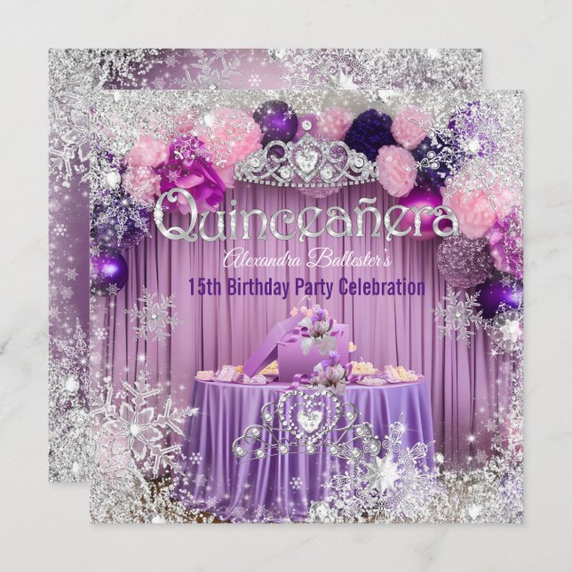 Convite Quinceanera Purple Pink Silver Tiara Snowflake (Frente/Verso)