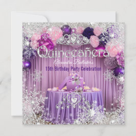 Convite Quinceanera Purple Pink Silver Tiara Snowflake