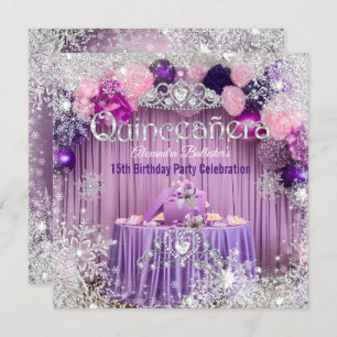 Convite Quinceanera Purple Pink Silver Tiara Snowflake