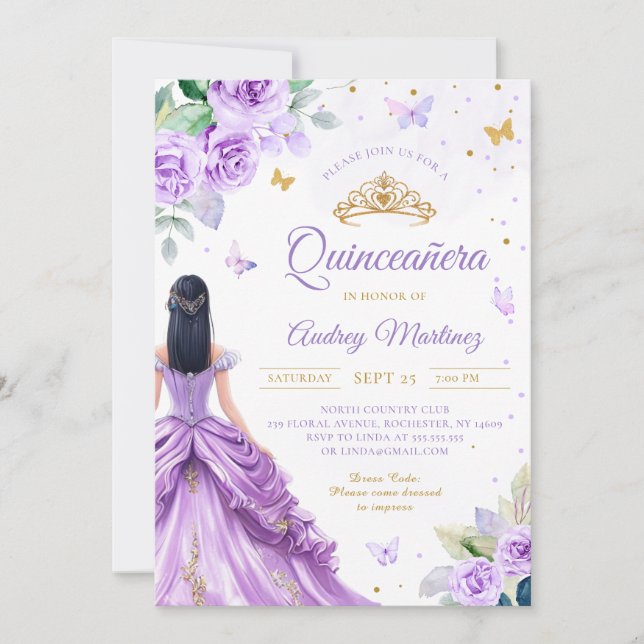 Convite Quinceanera Purple Rosa Butterfly Princess (Frente)