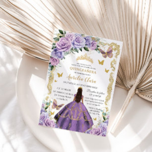 Convite Quinceañera Purple Rosa Floral Dourada Princesa