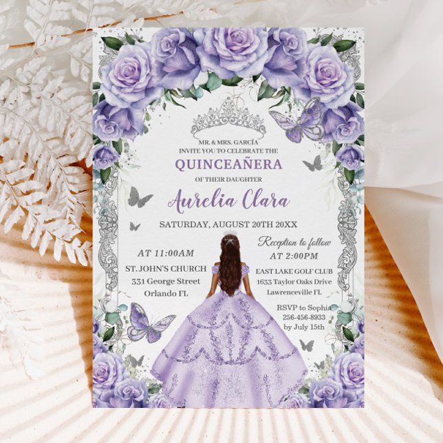 Convite Quinceañera Purple Rosa Floral Prata Princesa (Criador carregado)