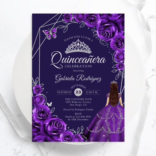 Convite Quinceanera Purple Silver Dress Floral (Criador carregado)