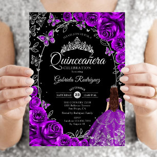 Convite Quinceanera Purple Silver Floral