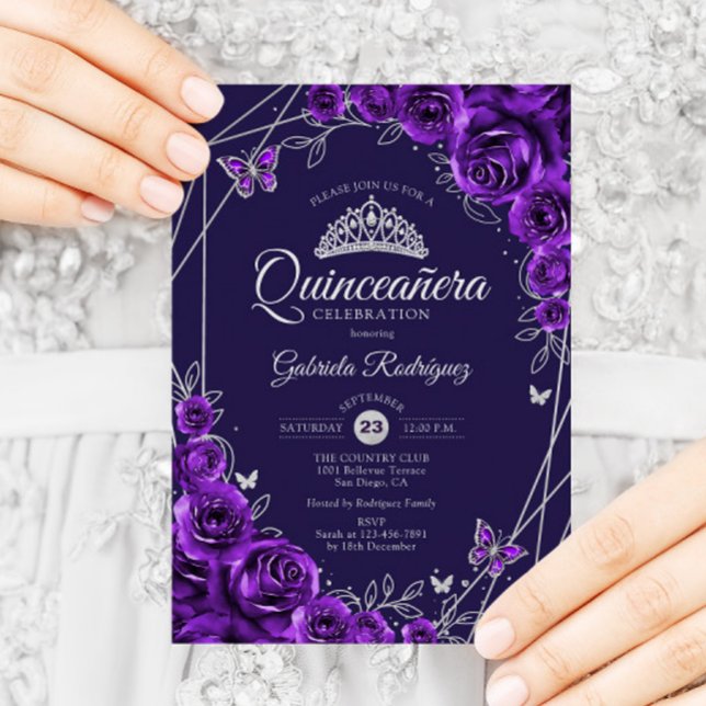 Convite Quinceanera Purple Silver Floral (Criador carregado)