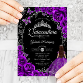 Convite Quinceanera Purple Silver Floral