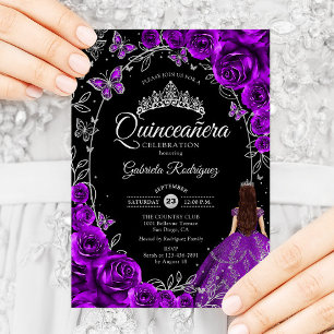 Convite Quinceanera Purple Silver Floral